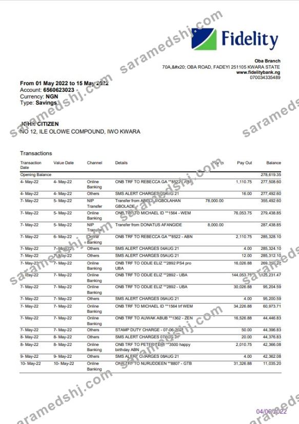 Nigeria Fidelity bank statement